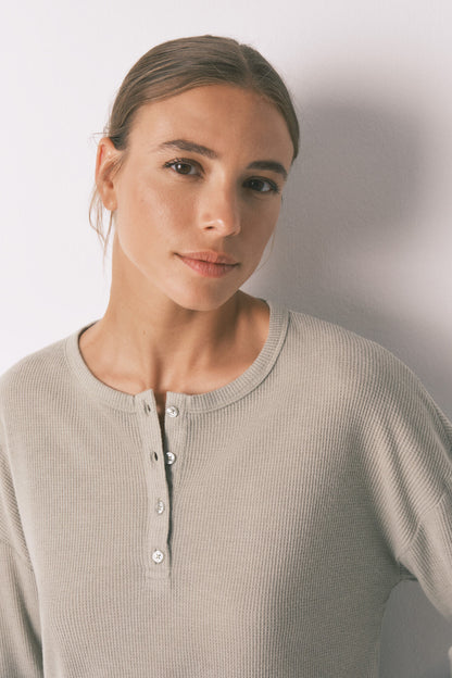 Women Secret_Medium Khaki_Long Green Waffle Texture Pajamas_4752532_92_02