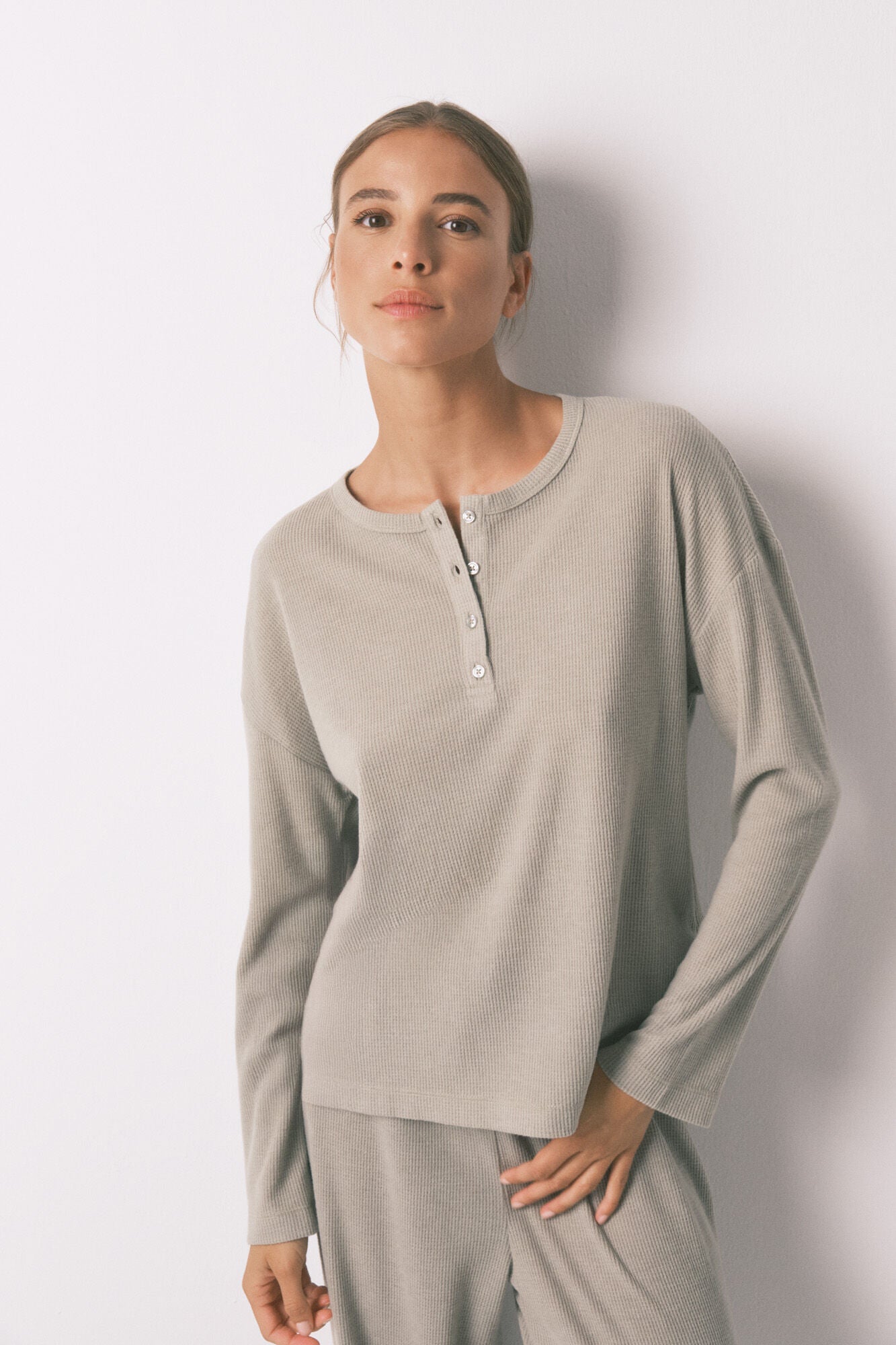 Women Secret_Medium Khaki_Long Green Waffle Texture Pajamas_4752532_92_03