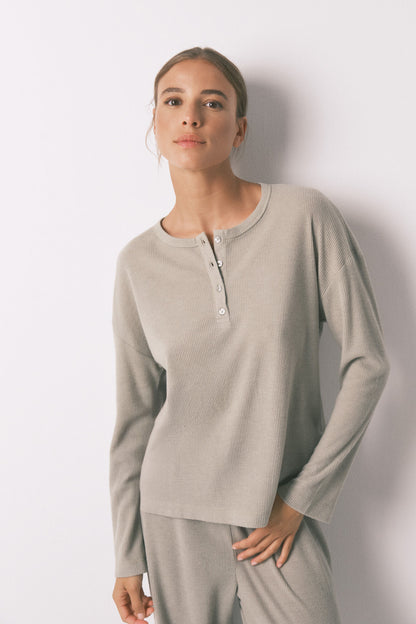 Women Secret_Medium Khaki_Long Green Waffle Texture Pajamas_4752532_92_03