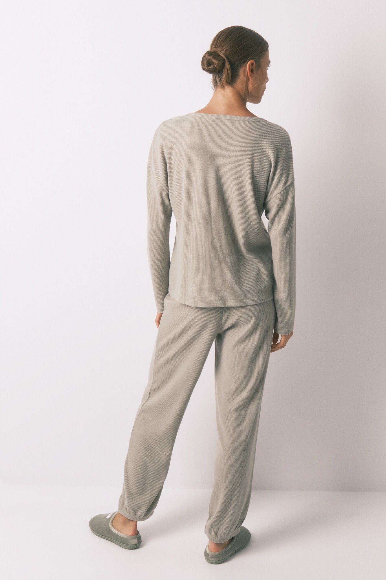 Women Secret_Medium Khaki_Long Green Waffle Texture Pajamas_4752532_92_05