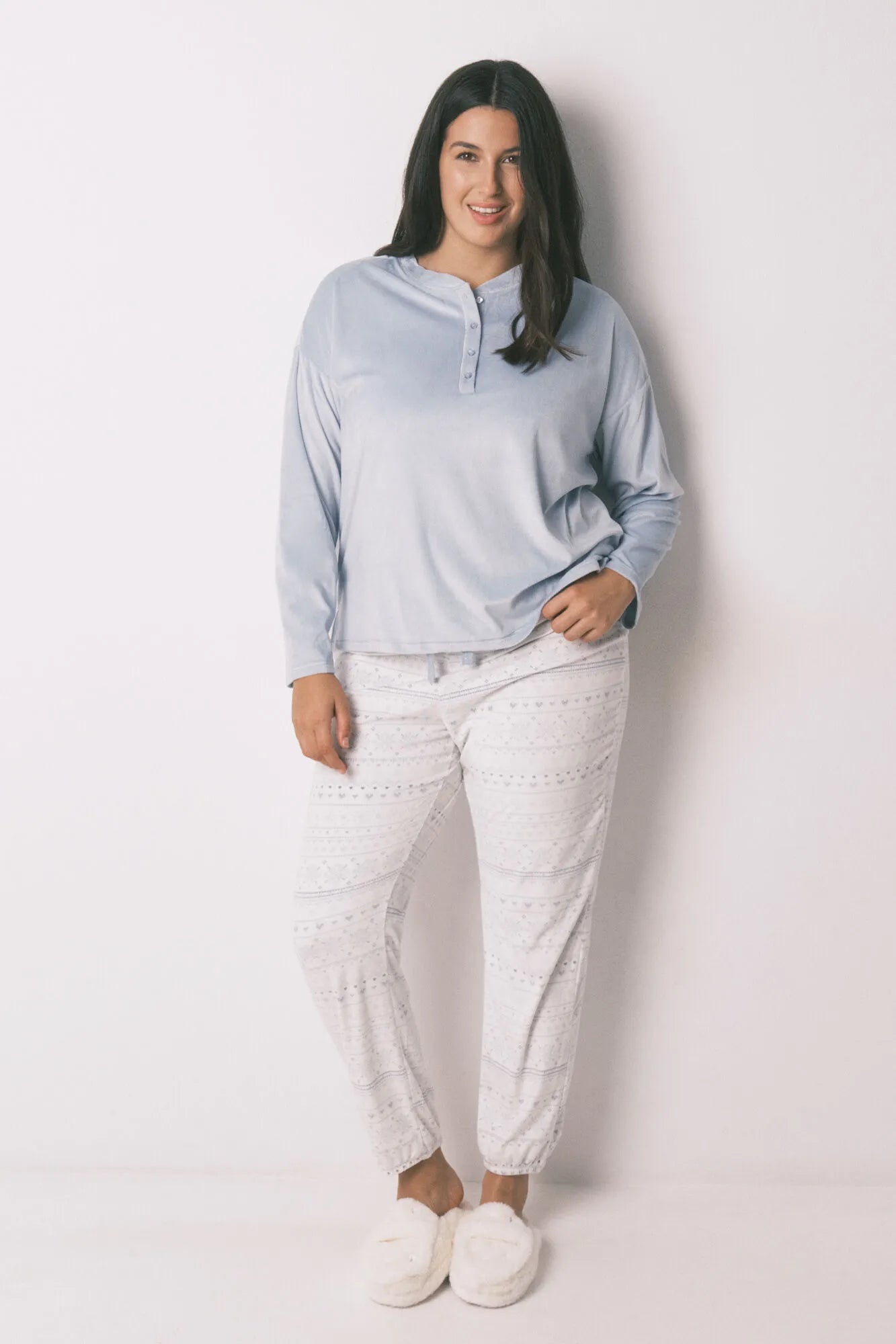Women Secret_Medium Blue_Soft Blue Fleece Long Pyjamas with Border Print_4752549_13_01