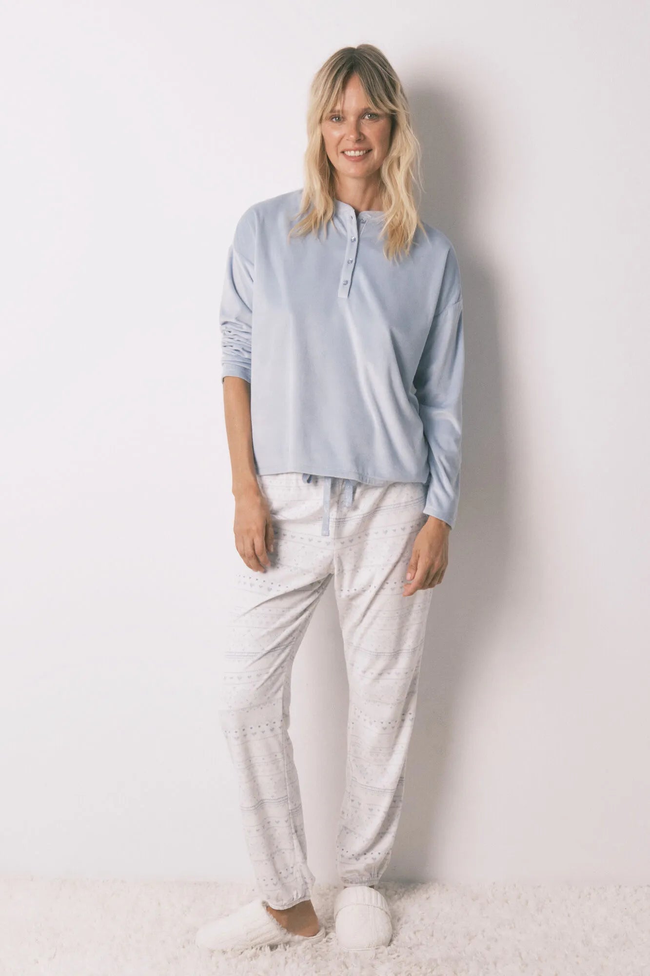 Women Secret_Medium Blue_Soft Blue Fleece Long Pyjamas with Border Print_4752549_13_03