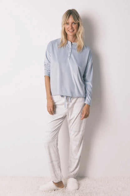 Women Secret_Medium Blue_Soft Blue Fleece Long Pyjamas with Border Print_4752549_13_03