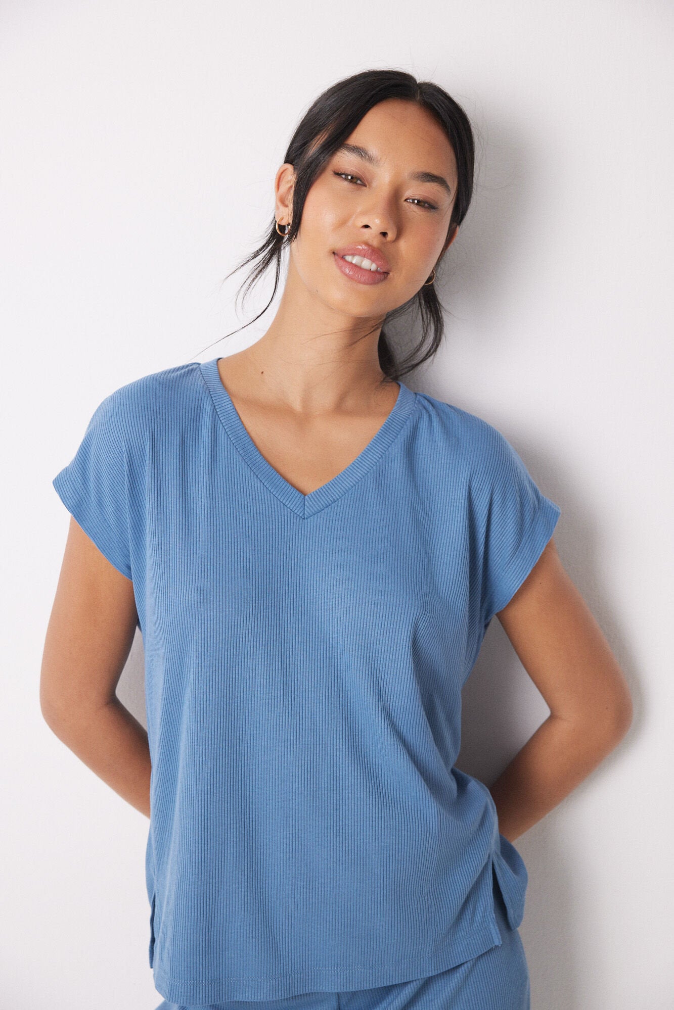 Blue Ribbed Short Sleeve Set_03