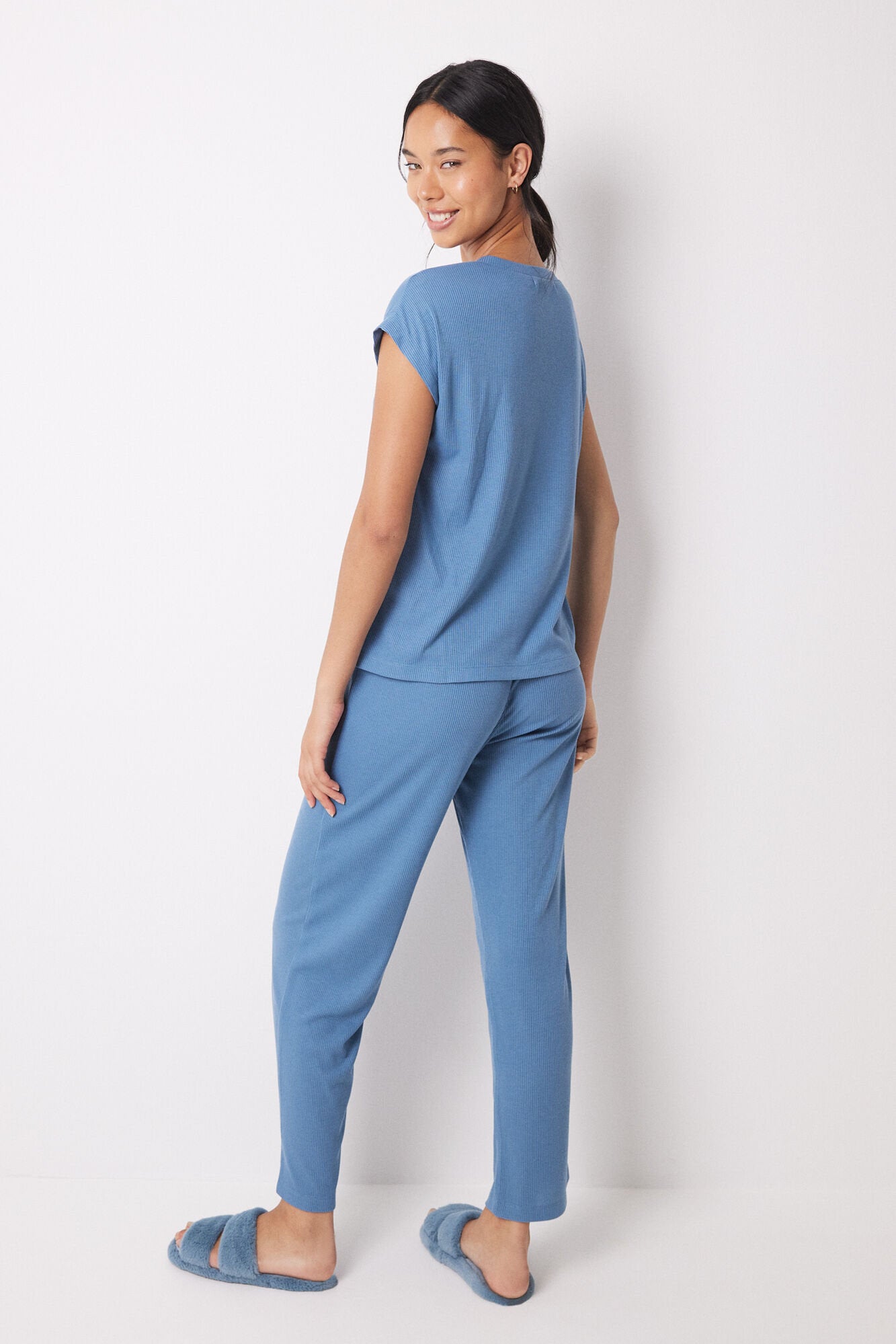 Blue Ribbed Short Sleeve Set_06