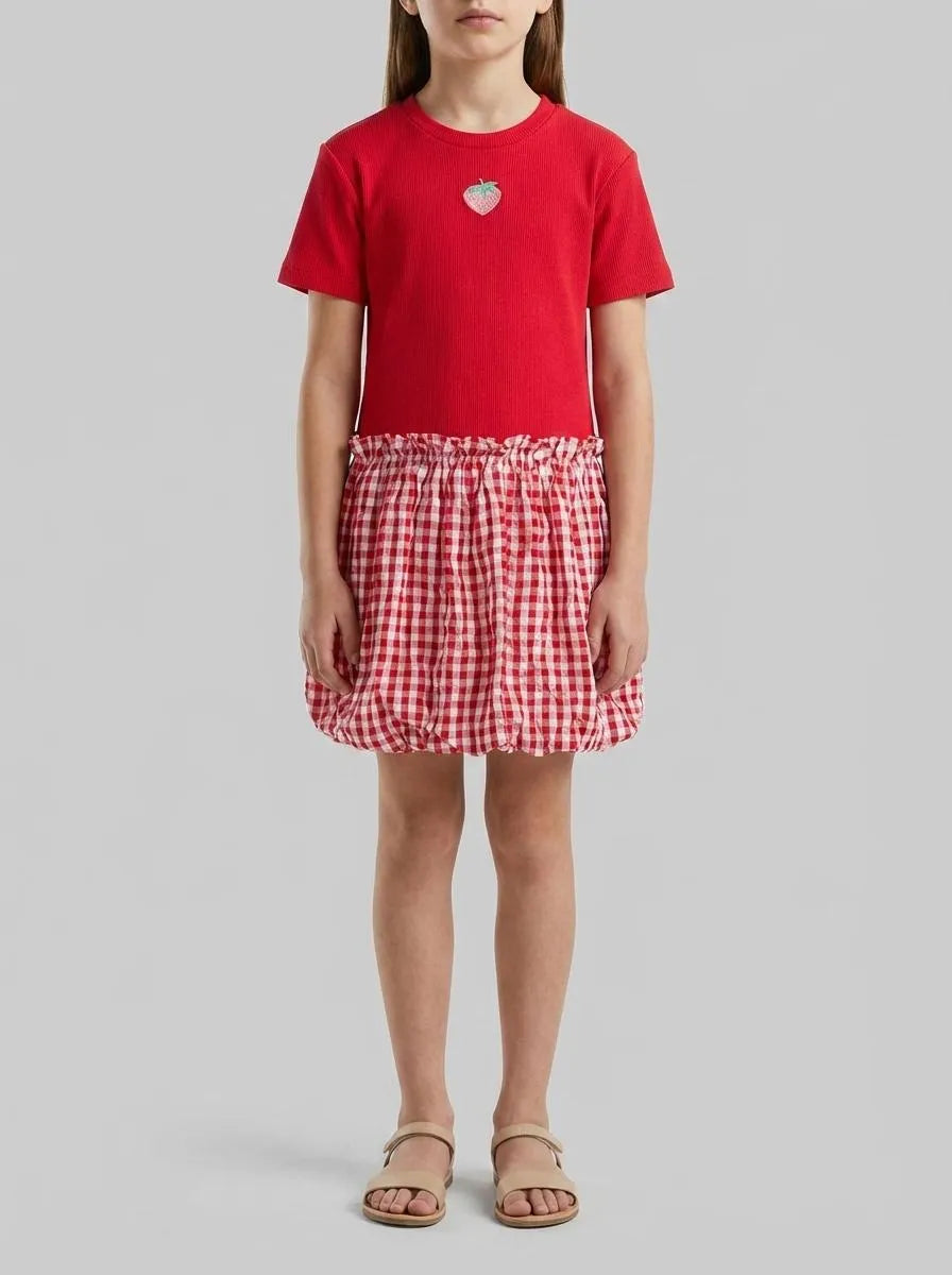 Benetton Red Girls Dress with Gingham Skirt SKU: 47QJGV02P_903 Image 00