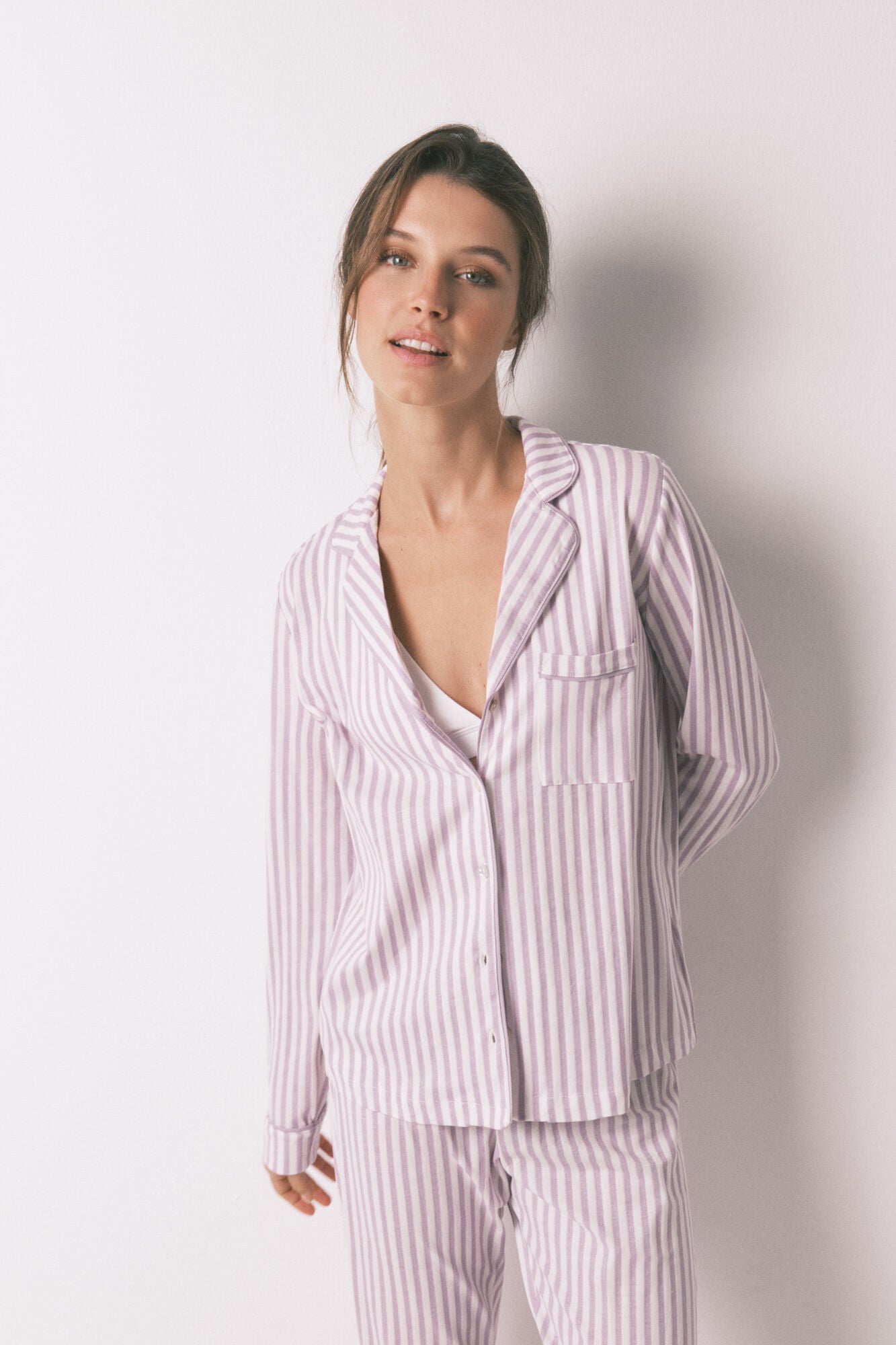 Women Secret_Orange_Long 100% Cotton Classic Pyjamas with Lilac Striped_4852095_64_02