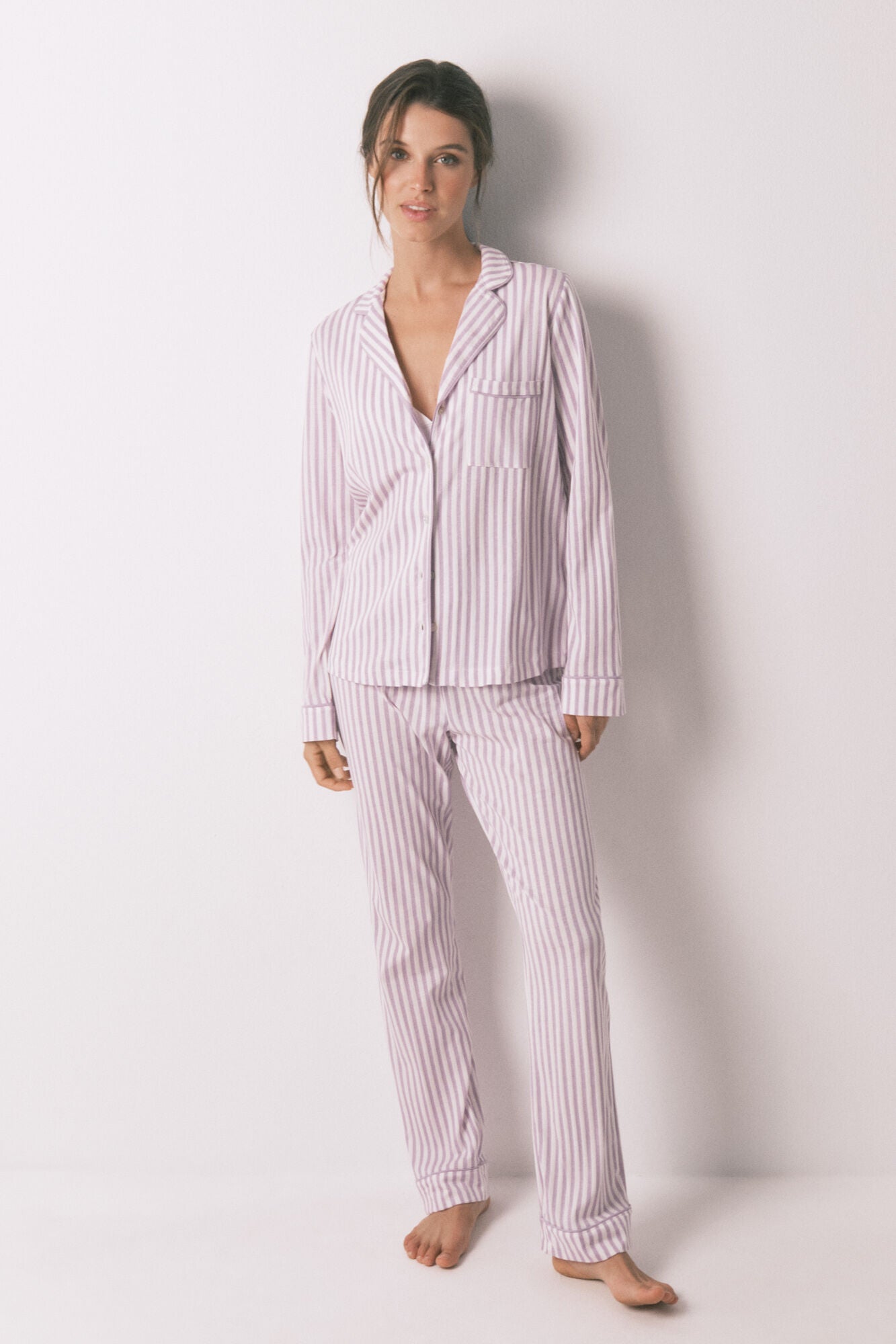 Women Secret_Orange_Long 100% Cotton Classic Pyjamas with Lilac Striped_4852095_64_04