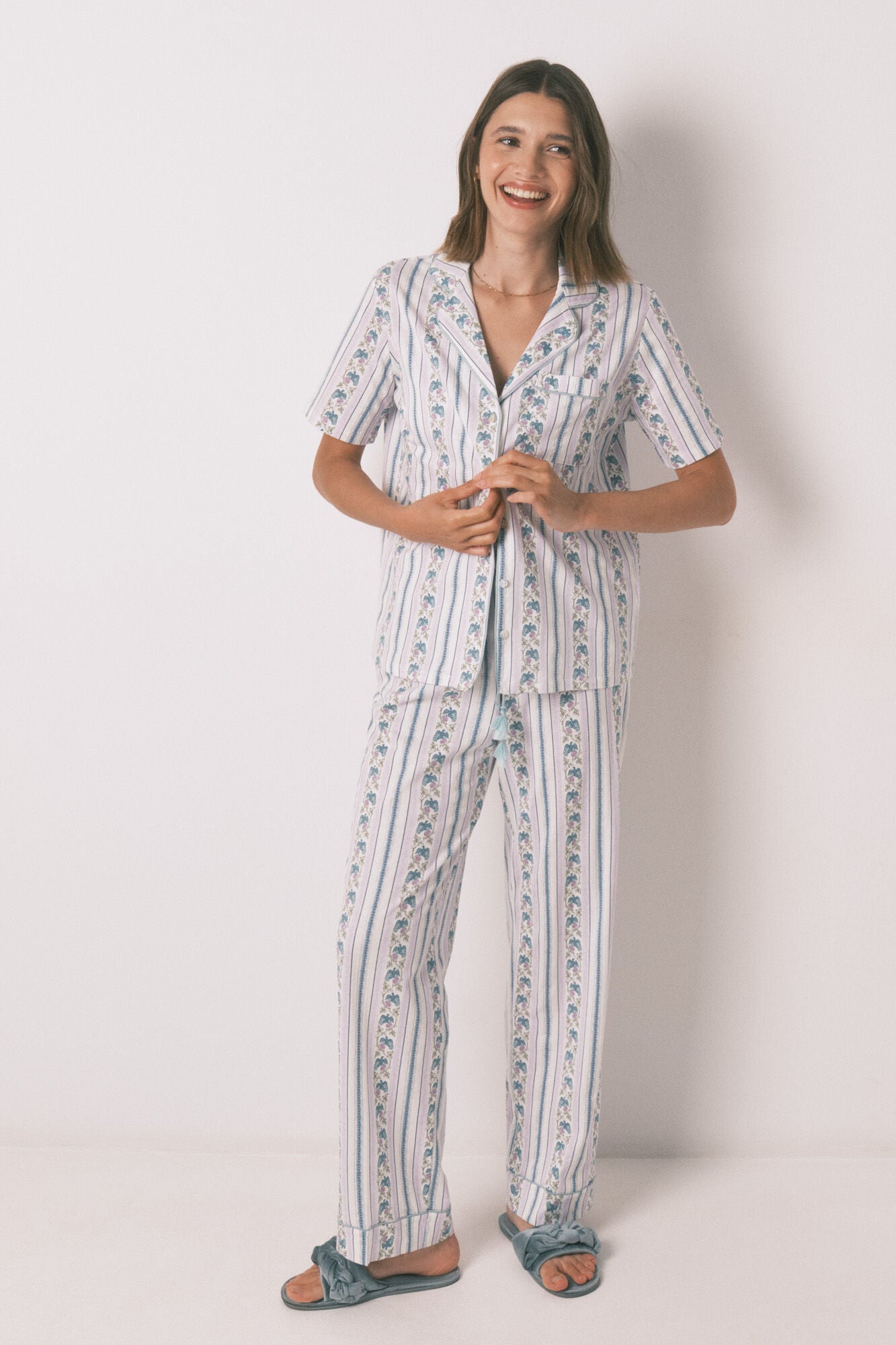 Women Secret_Ivory_100% Cotton Striped Capri Classic Pyjamas_4852097_96_01