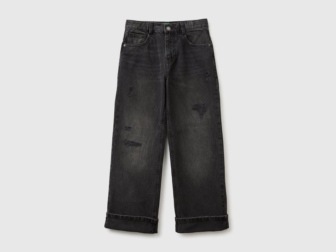 Benetton Black Boys Straight Fit Jeans with Tears SKU: 48G1CE051_800 Image 01