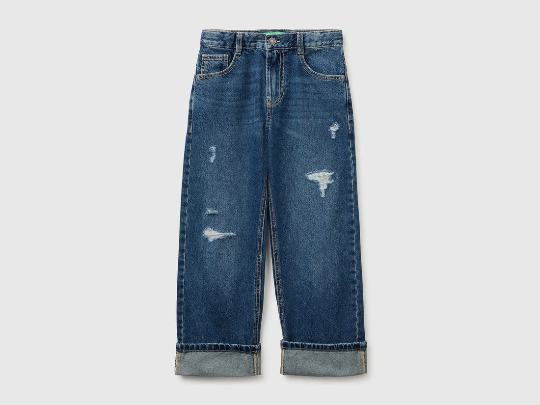 Benetton Blue Boys Straight Fit Jeans with Tears SKU: 48G1CE051_901 Image 01