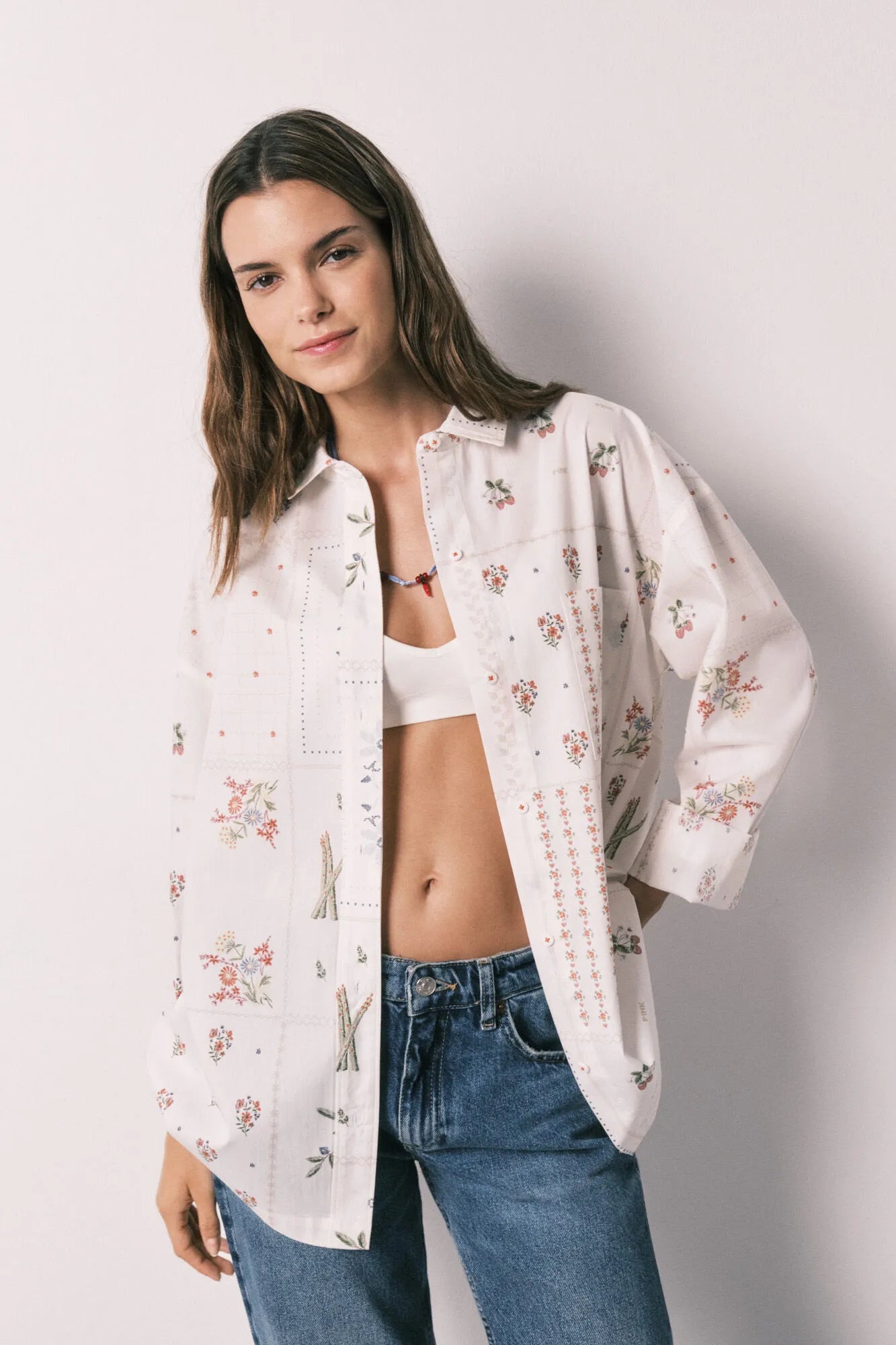 Women Secret White Print Women Floral Print Poplin Long Sleeve Shirt SKU: 4923663_97 Image 01