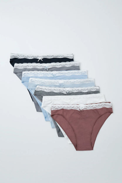 Women Secret White Print Women Pack of 7 Classic Plain Cotton Lace Panties SKU: 4934585_97 Image 01