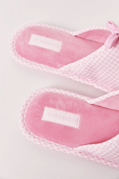 Women Secret Pink Women Pink Gingham Print Bow Slippers SKU: 4993714_70 Image 02
