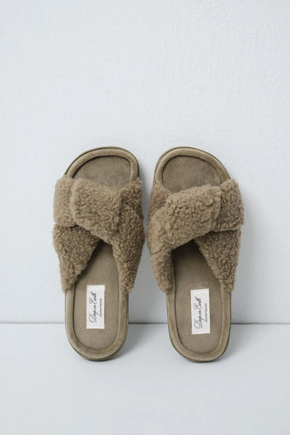 Women Secret Medium Khaki Women Green Faux Shearling Knot Slippers SKU: 4994425_92 Image 01