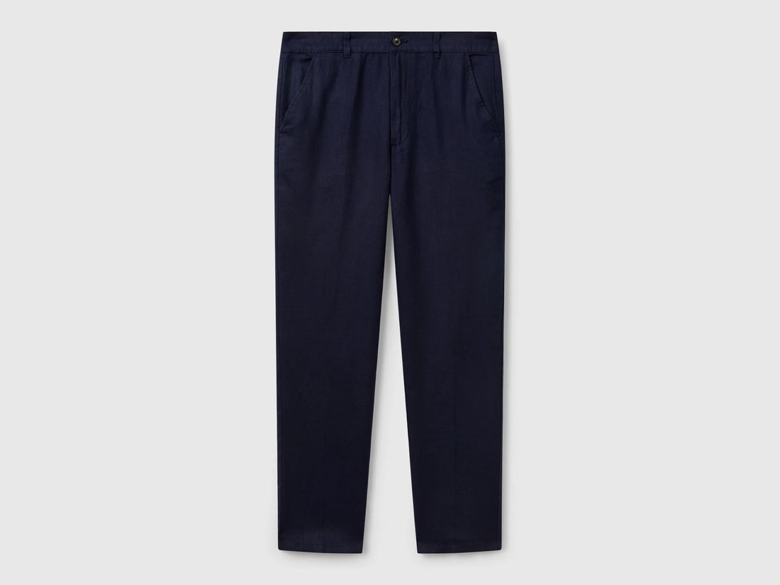 Benetton Dark Blue Men Chinos in Pure Linen SKU: 4AGH55HW8_016 Image 01