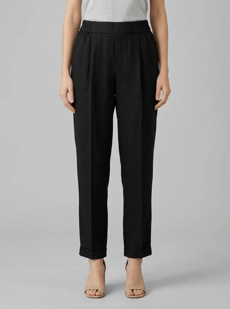 Benetton Black Women 100% Linen Cigarette Trousers SKU: 4AGHDF079_100 Image 00