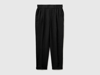 Benetton Black Women 100% Linen Cigarette Trousers SKU: 4AGHDF079_100 Image 01