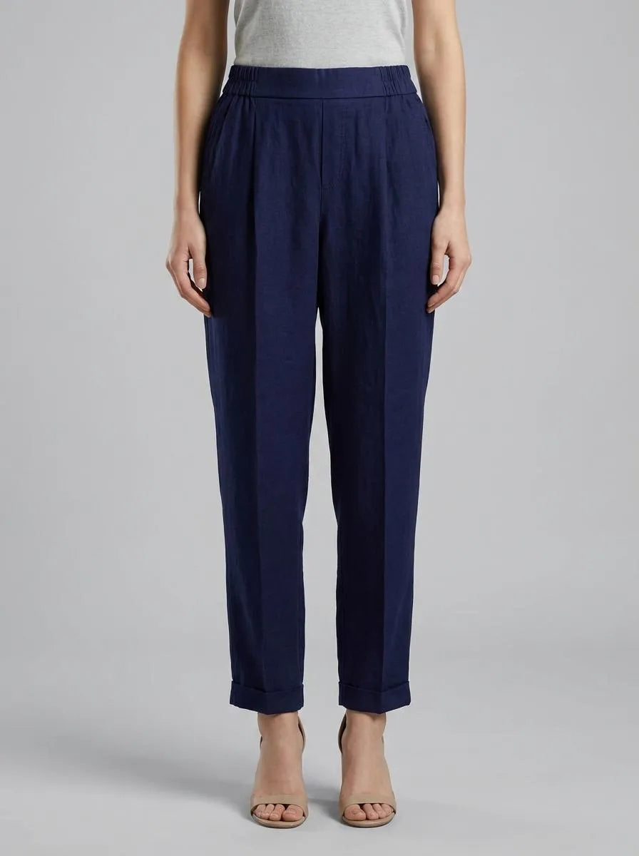 Benetton Dark Blue Women 100% Linen Cigarette Trousers SKU: 4AGHDF079_252 Image 00