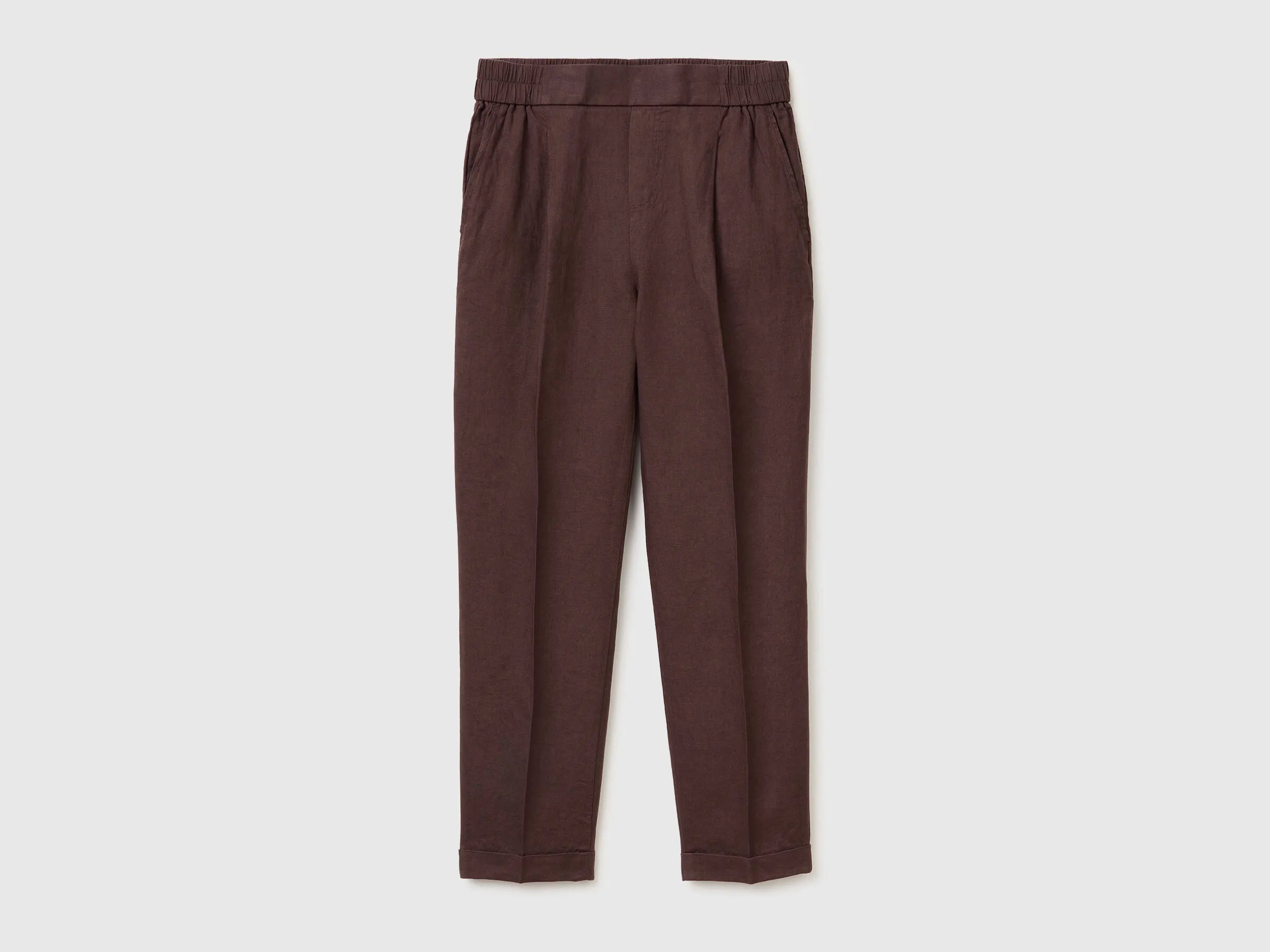 Benetton Brown Women 100% Linen Cigarette Trousers SKU: 4AGHDF079_33T Image 01