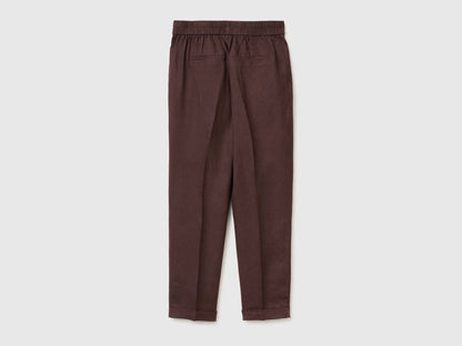 Benetton Brown Women 100% Linen Cigarette Trousers SKU: 4AGHDF079_33T Image 02