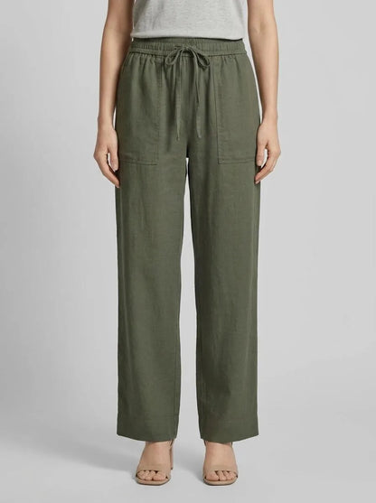 Benetton Military Green Women Trousers in Pure Linen with Elastic SKU: 4AGHDF08J_20W Image 00