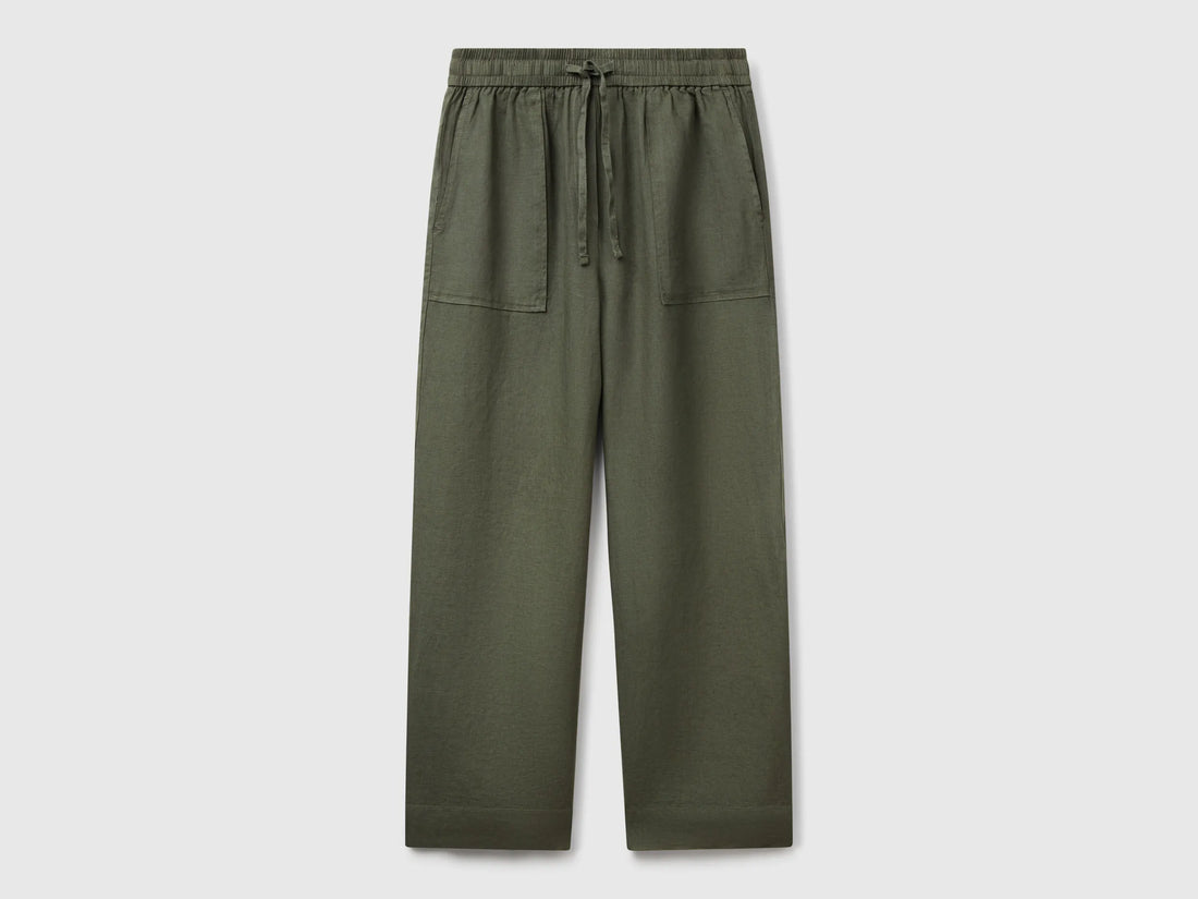 Benetton Military Green Women Trousers in Pure Linen with Elastic SKU: 4AGHDF08J_20W Image 01