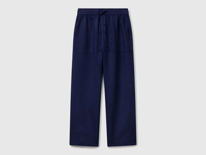 Benetton Dark Blue Women Trousers in Pure Linen with Elastic SKU: 4AGHDF08J_252 Image 01