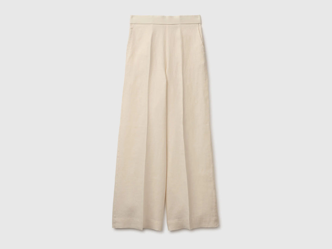 Benetton Beige Women Palazzo Trousers in 100% Linen SKU: 4AGHDF08K_152 Image 01