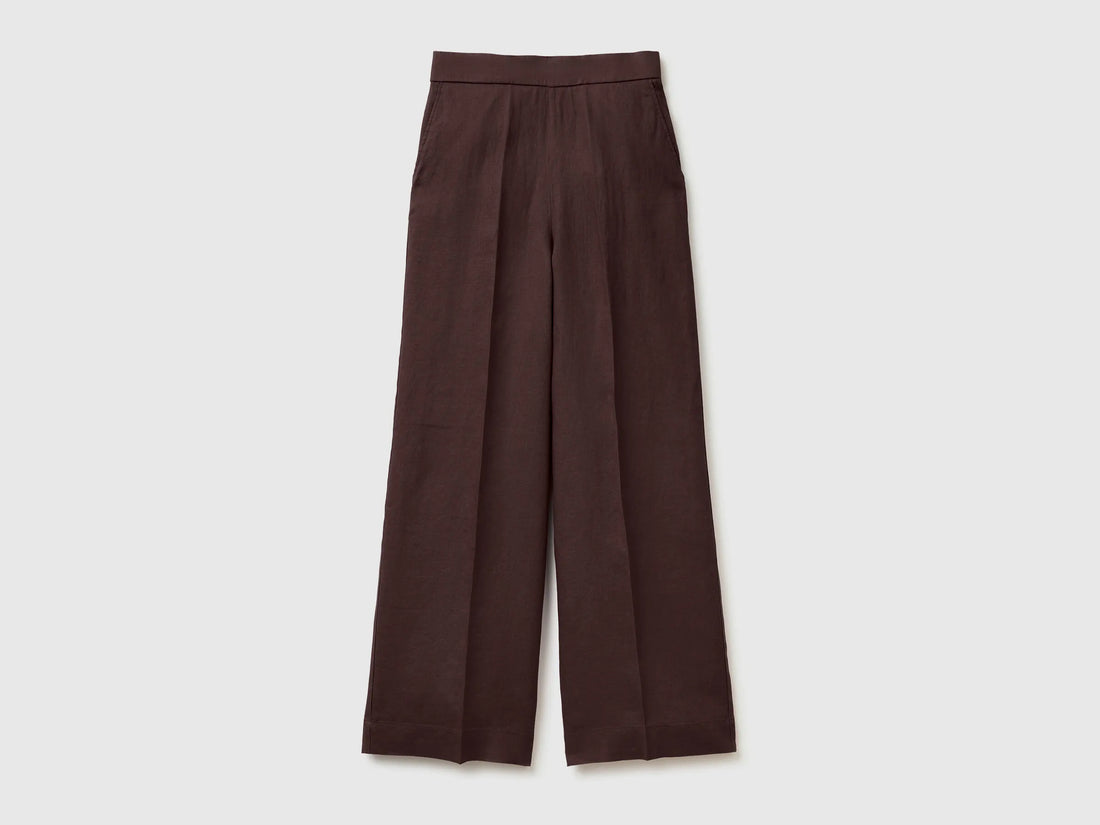 Benetton Brown Women Palazzo Trousers in Pure Linen SKU: 4AGHDF08K_33T Image 01