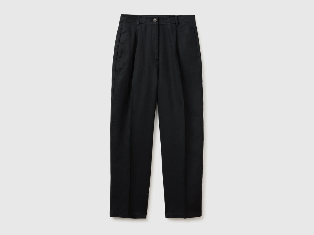 Benetton Black Women 100% Linen Straight Trousers SKU: 4AGHDF0AY_100 Image 01