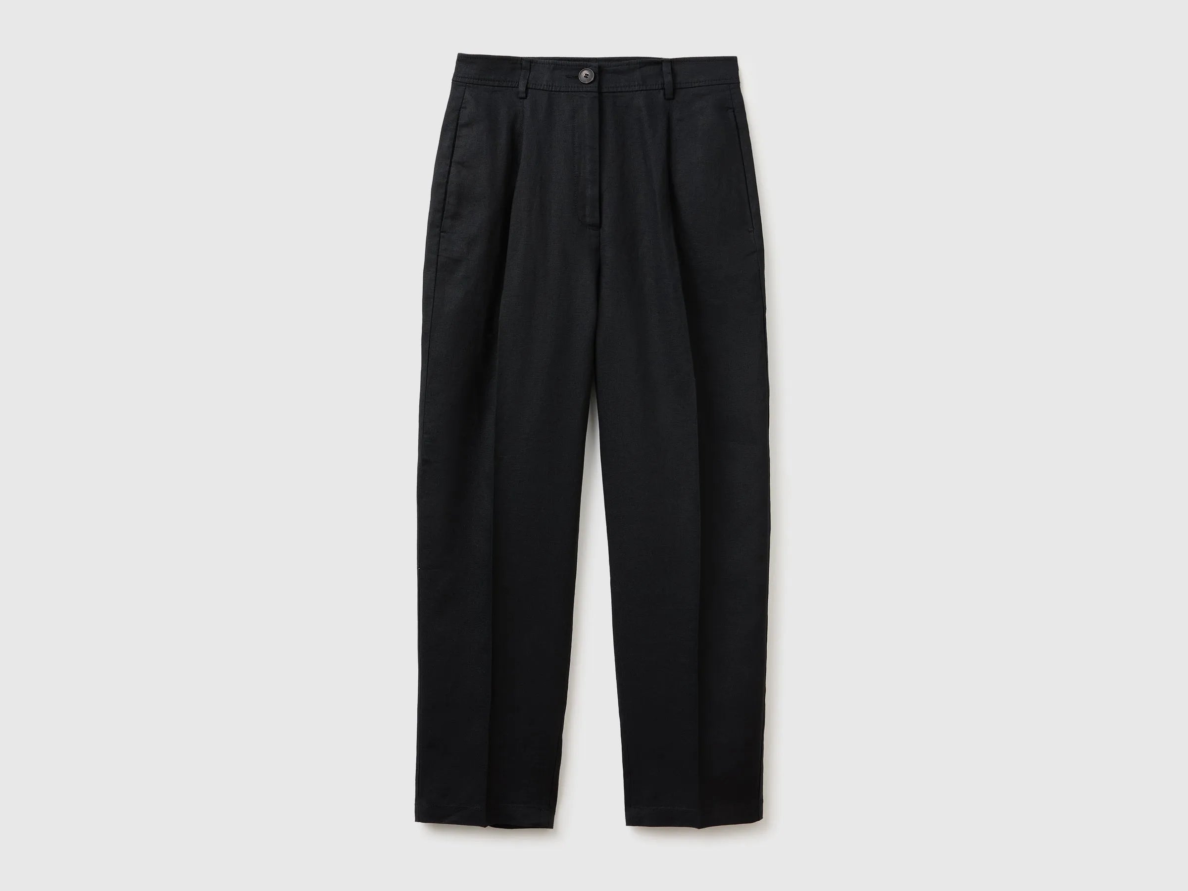 Benetton Black Women 100% Linen Straight Trousers SKU: 4AGHDF0AY_100 Image 01