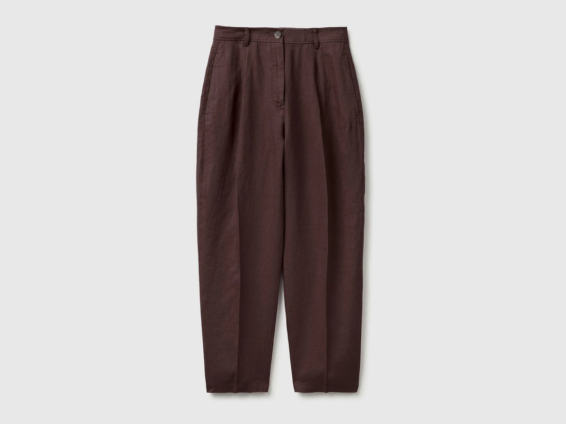 Benetton Brown Women 100% Linen Straight Trousers SKU: 4AGHDF0AY_33T Image 01