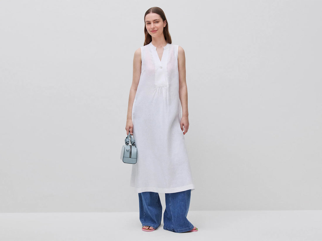 Benetton White Women Long Dress 100% Linen SKU: 4AGHDV0CD_101 Image 01