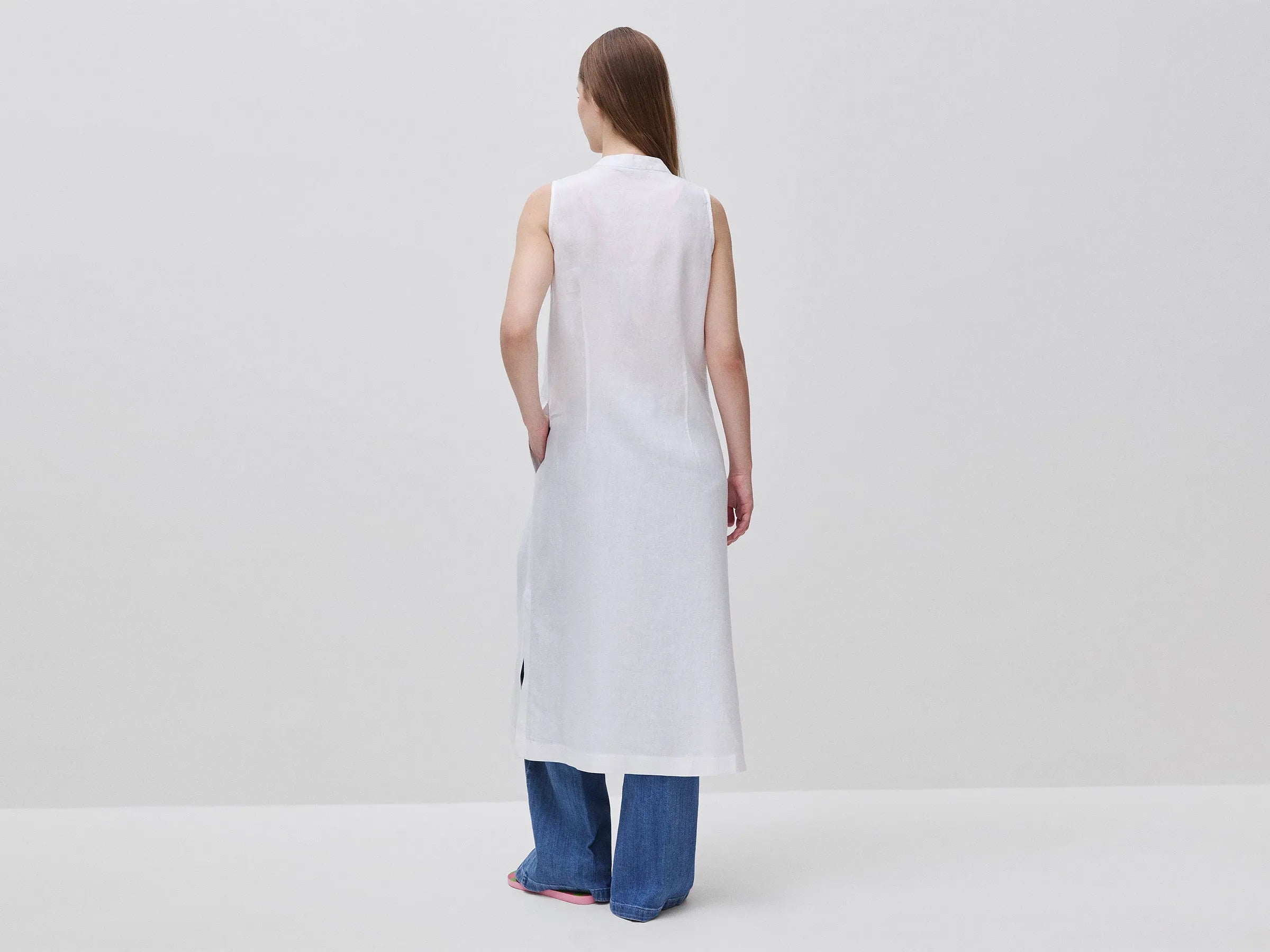 Benetton White Women Long Dress 100% Linen SKU: 4AGHDV0CD_101 Image 03