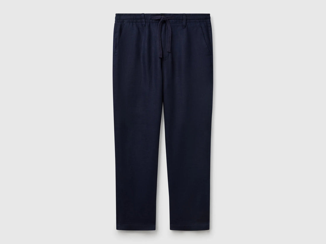 Benetton Dark Blue Men Trousers in Pure Linen with Drawstring SKU: 4AGHUF00M_016 Image 01
