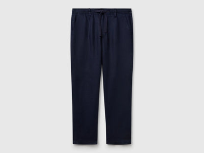 Benetton Dark Blue Men Trousers in Pure Linen with Drawstring SKU: 4AGHUF00M_016 Image 01