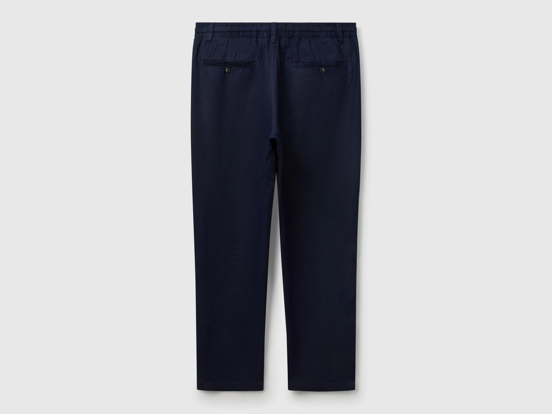 Benetton Dark Blue Men Trousers in Pure Linen with Drawstring SKU: 4AGHUF00M_016 Image 02