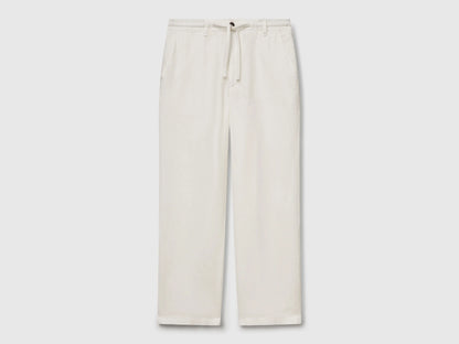 Benetton Creamy White Men Trousers in Pure Linen with Drawstring SKU: 4AGHUF00M_074 Image 05