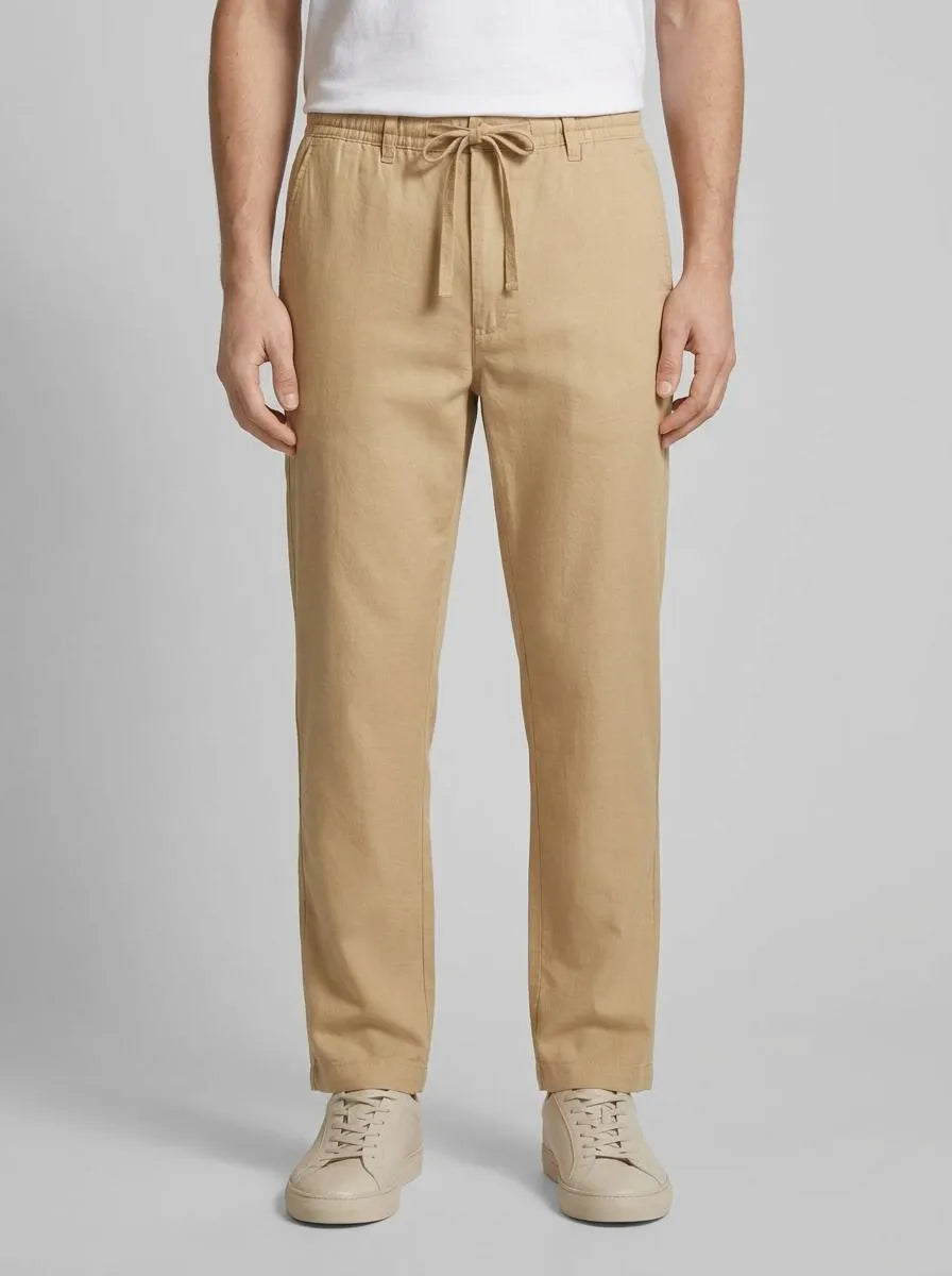 Benetton Camel Men Trousers in Pure Linen with Drawstring SKU: 4AGHUF00M_393 Image 00