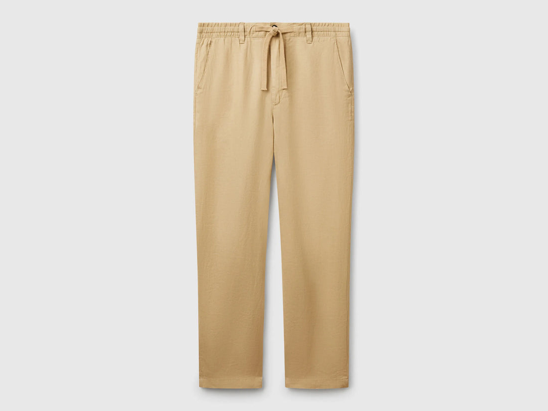 Benetton Camel Men Trousers in Pure Linen with Drawstring SKU: 4AGHUF00M_393 Image 01