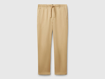 Benetton Camel Men Trousers in Pure Linen with Drawstring SKU: 4AGHUF00M_393 Image 01