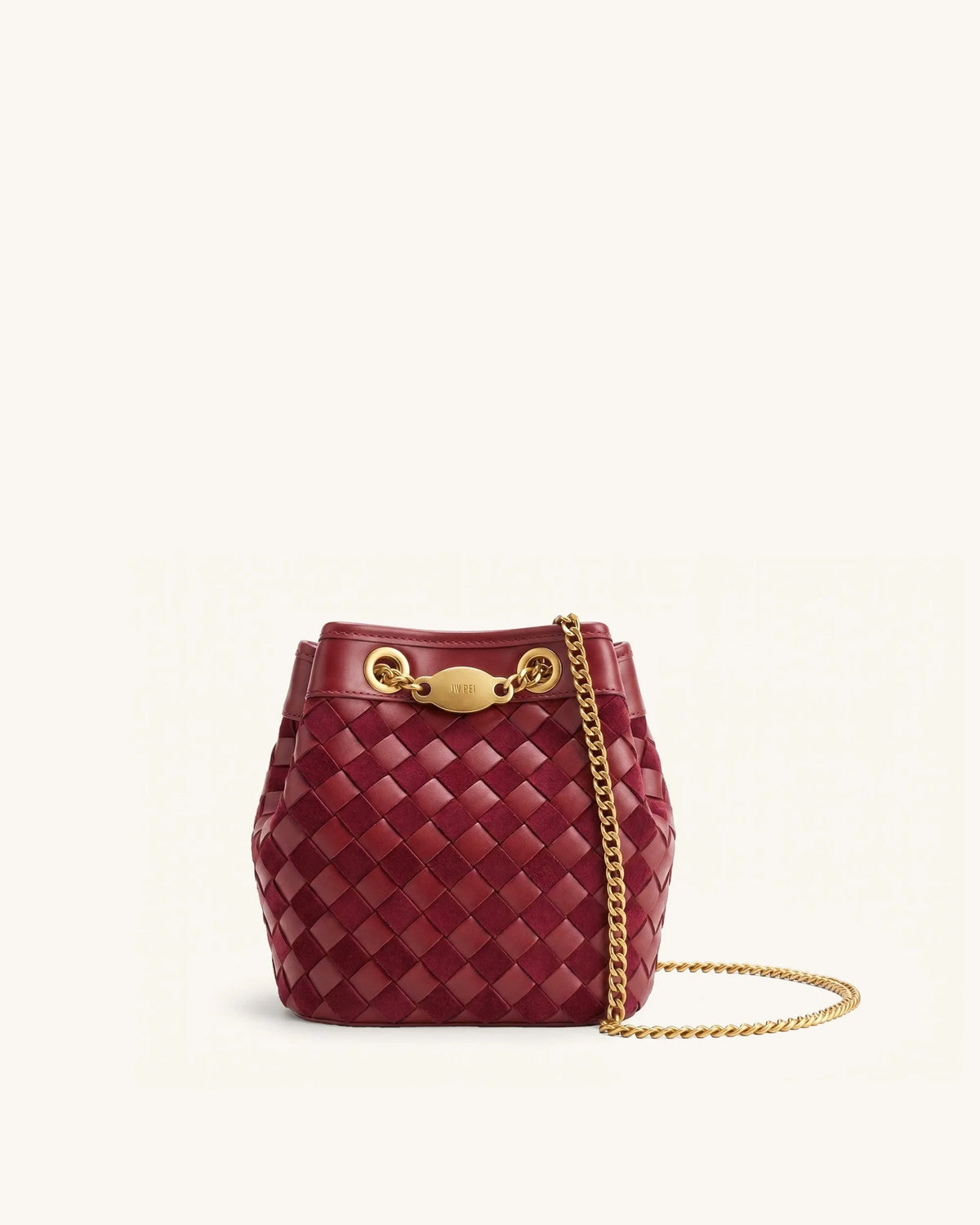 JW Pei Dark Red Women Yara Faux Suede Hand-Woven Bucket Bag SKU: 4B48-41_Dark Red Image 01