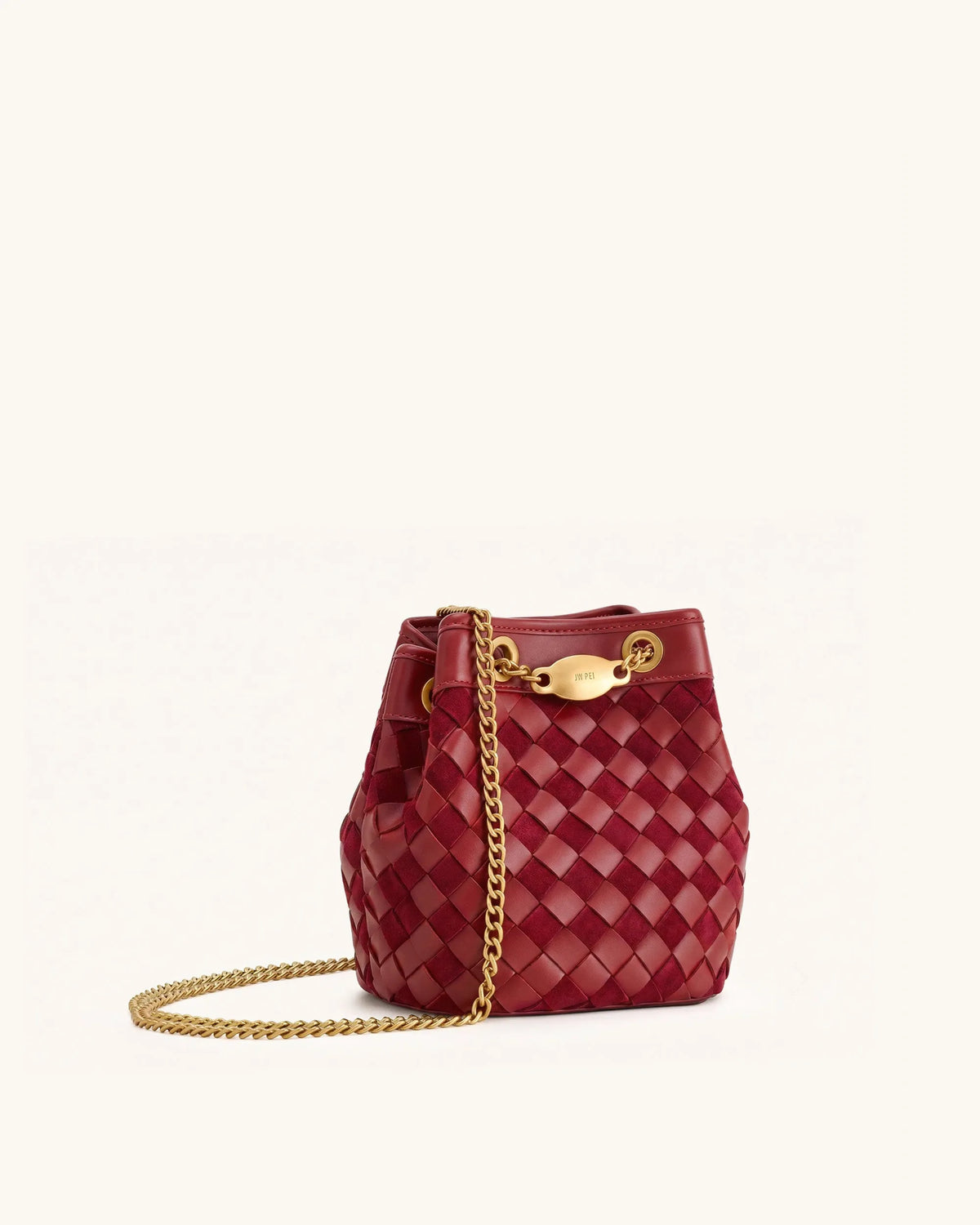 JW Pei Dark Red Women Yara Faux Suede Hand-Woven Bucket Bag SKU: 4B48-41_Dark Red Image 02
