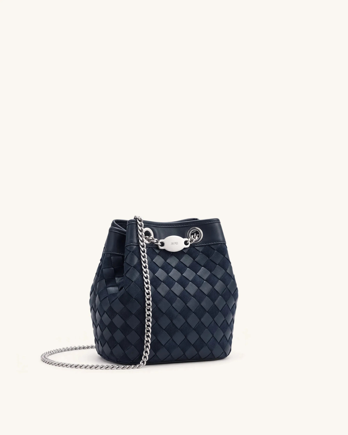 JW Pei Dark Blue Women Yara Faux Suede Hand-Woven Bucket Bag SKU: 4B48-50_Dark Blue Image 02