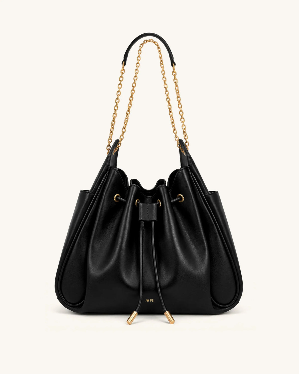 JW Pei Black Women Rowan Ruched Drawstring Chain Bucket Bag SKU: 4B73-1_Black Image 01