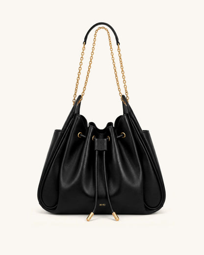 JW Pei Black Women Rowan Ruched Drawstring Chain Bucket Bag SKU: 4B73-1_Black Image 01