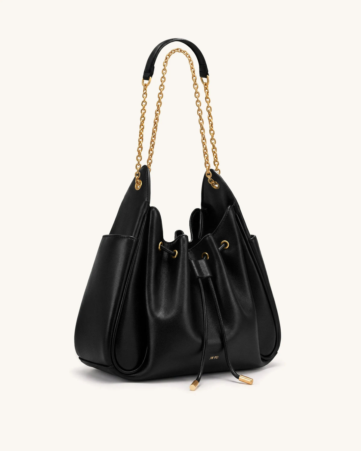 JW Pei Black Women Rowan Ruched Drawstring Chain Bucket Bag SKU: 4B73-1_Black Image 02
