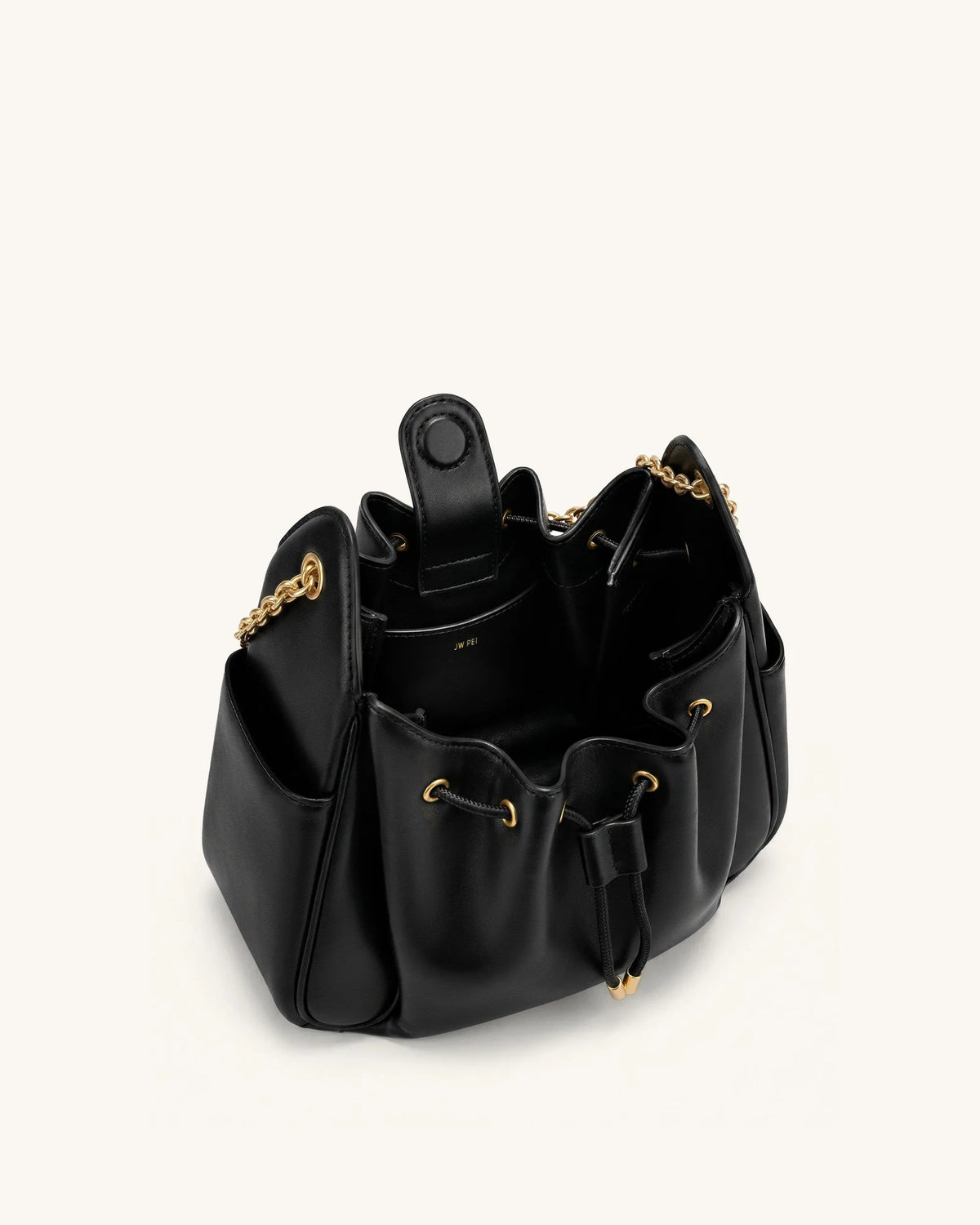 JW Pei Black Women Rowan Ruched Drawstring Chain Bucket Bag SKU: 4B73-1_Black Image 04