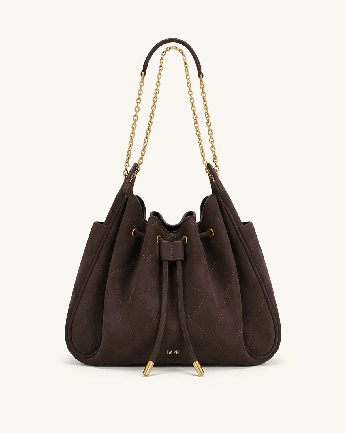 JW Pei Dark Brown Women Rowan Faux Suede Quilted Chain Bucket Bag SKU: 4B73-30_Dark Brown Image 01